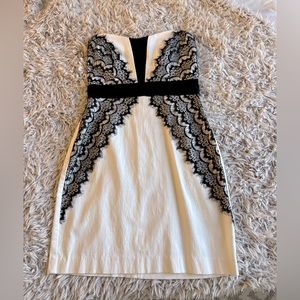 Black and white lace body-con mini dress